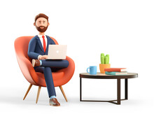 3D Illustration Of Happy Smiling Businessman In Suit With Laptop Sitting In Armchair. Cartoon Office Workplace With Modern Coffee Table, Mug, Books And Plant.