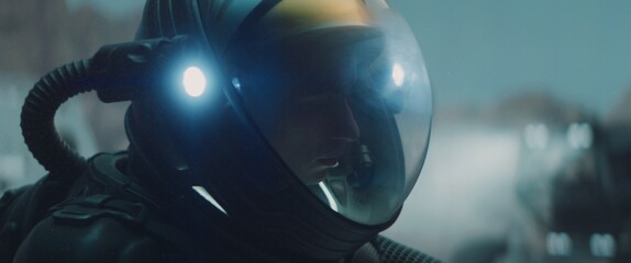 Wall Mural - caucasian male astronaunt checking hud on her suit while exploring planet surface, mars colonization