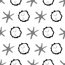Abstract Moon Crater And Stars Vector Seamless Pattern Background. Naive Style Hand Drawn Celestial Asteroids Black White Backdrop. Modern All Over Print Of Astronomical Objects For Space Concept