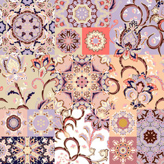 Canvas Print - Seamless vector patchwork tile with paisley and mandala in pastel colors. Background set with lilac ornament in arabic style.