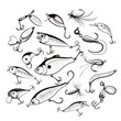 Big set of fishing gear. Set of fishing lures: hooks, wobblers, jigs, flies, spoons, spinners, plugs and poppers. For your design: brochures, banner, market. Sketch style vector illustration. Isolated