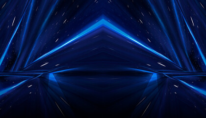 Abstract blue dark background with lines and rays. Symmetric reflection of neon light. Light tunnel, sparks. The movement of light. Night view.