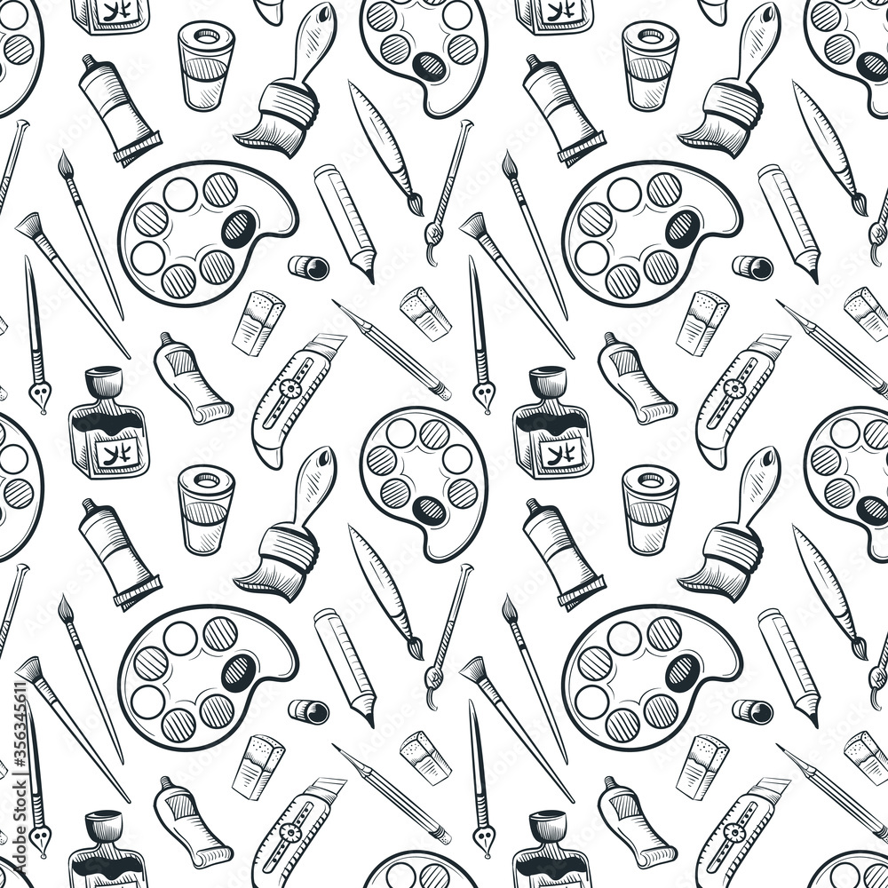 Model Drawing Background Seamless background with drawing tools. Vector pattern. Tolls for ...