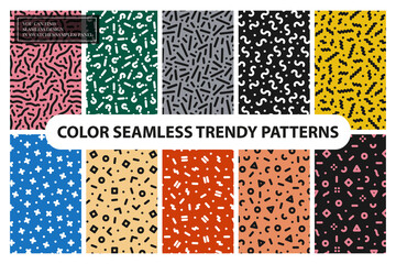 Collection of colorful repeatable trendy patterns. Retro style - fashion 80-90s. Textile mosaic textures - endless backgrounds. You can find seamless design in swatches panel