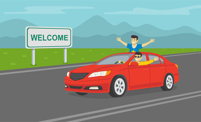 Two cheerful young guys in a red car on the highway. Happy driver driving a car. Flat vector illustration. 