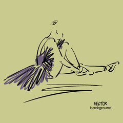 Poster - art sketch of sitting on floor and tying up pointe shoes beautiful young ballerina in tutu