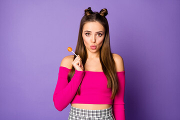 Canvas Print - Photo of adorable lady hold sweet candy chupa chups send air kisses coquettish person wear pink off-shoulders cropped top plaid skirt isolated pastel purple color background