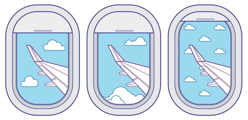 Airplane window vector set with cloudy sky and plane wing view