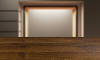 Wall Mural - blurred interior on a wooden table background.empty storefront. view from the evening street.. 3d re