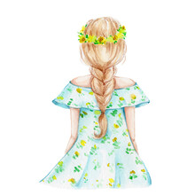 Young Girl With Braid And Wreath In Blue Flowers Dress; Watercolor Hand Draw Illustration; With White Isolated Background