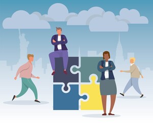 Business flat concept. Team puzzle metaphor. People connecting puzzle elements. illustration flat design simple style. Symbol different races teamwork, heterosexual cooperation, partnership