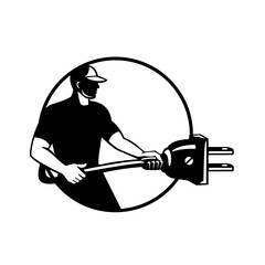 Wall Mural - Electrician Electrical Mechanic Carrying Electric Plug Circle Retro Black and White