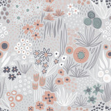 Winter Flowers seamless vector pattern. Repeating liberty doodle flower meadow background in cold blue, gray, pink white colors. Scandinavian style line art florals for fabric, wallpaper, winter decor