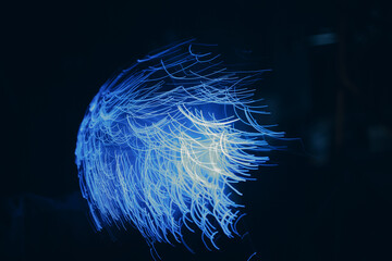 Wall Mural - blue abstract particles and lines with bokeh and blur in dark background