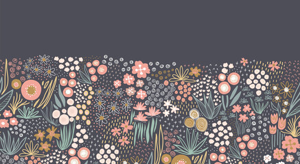 Wall Mural - Flower meadow seamless vector border. A lot of florals in pink, gold, white, teal on dark background repeating horizontal pattern. Doodle line art for fabric trim, footer, header, fall autumn decor