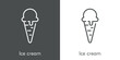 © teracreonte - Símbolo helado en cono de galleta. Icono plano lineal con texto Ice cream en fondo gris y fondo blanco
