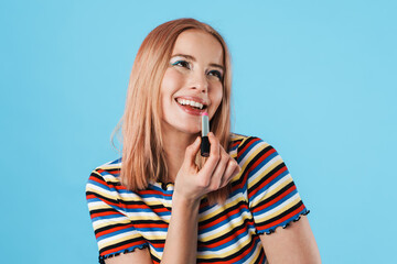 Sticker - Image of attractive cheerful girl wearing lipstick and smiling