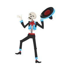 Canvas Print - Male Skeleton in Mexican National Costume and Sombrero Hat, Day of the Dead Dia de los Muertos Festival Vector Illustration