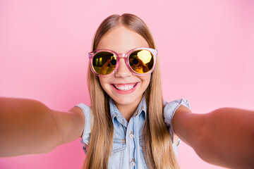 Poster - Self-portrait of her she nice attractive lovely pretty charming positive cheerful cheery preteen girl wearing cool accessory specs isolated over pink pastel color background