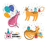 Fototapeta Dinusie - Happy birthday funny leopard or Jaguar. Jungle animal party. Wild animal character on holiday. Festive decoration, gifts, cap, balloon. Hand drawn vector illustration with greeting typography. Doodle.
