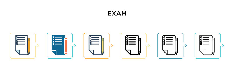 Exam vector icon in 6 different modern styles. Black, two colored exam icons designed in filled, outline, line and stroke style. Vector illustration can be used for web, mobile, ui