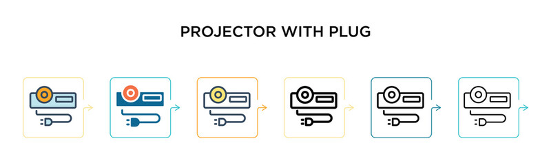 Projector with plug vector icon in 6 different modern styles. Black, two colored projector with plug icons designed in filled, outline, line and stroke style. Vector illustration can be used for web,