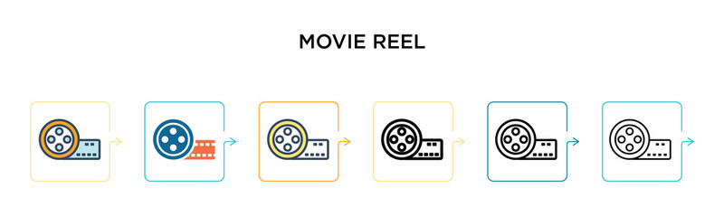 Movie reel vector icon in 6 different modern styles. Black, two colored movie reel icons designed in filled, outline, line and stroke style. Vector illustration can be used for web, mobile, ui