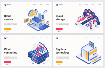 Aufkleber - Isometric big data technology vector illustration set. Creative concept banner, interface website design with cartoon 3d tech datacenter service of cloud server storage, digital database hardware