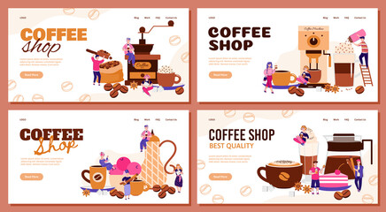 coffee shop banner set with people in drink preparation process. cartoon barista team making coffee 