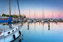 Beautiful Sunset Over The Marina At Baltic Sea With Yachts In Gdynia, Poland.