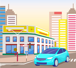 Wall Mural - Cityscape of modern city, vehicle on road. Downtown of town with architecture. Skyline with streets and infrastructure of urban area. Auto passing pedestrian crossing. Vector in isometric 3D style