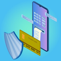 Wall Mural - protection of online transfers.isometric image of a smartphone and bank card protected by a shield.t