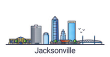 Banner Of Jacksonville City In Flat Line Trendy Style. Jacksonville City Line Art. All Buildings Separated And Customizable.