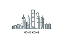 Linear Banner Of Hong Kong City. All Buildings - Customizable Different Objects With Background Fill, So You Can Change Composition For Your Project. Line Art.
