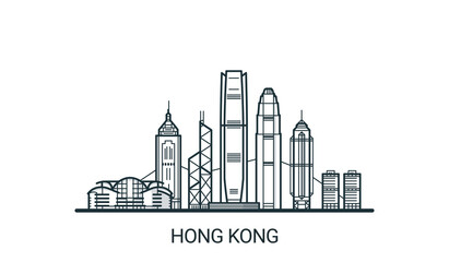 Linear banner of Hong Kong city. All buildings - customizable different objects with background fill, so you can change composition for your project. Line art.