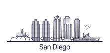 Linear Banner Of San Diego City. All Buildings - Customizable Different Objects With Clipping Mask, So You Can Change Background And Composition. Line Art.