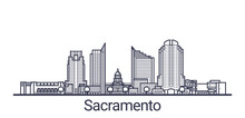 Linear Banner Of Sacramento City. All Buildings - Customizable Different Objects With Clipping Mask, So You Can Change Background And Composition. Line Art.