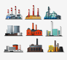 Power Plant Icons In Flat Style And Shadow. Nuclear Power Plant And Chemical Plant, Old Factory And Modern Plant. Detailed Flat Style.