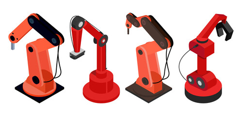 Wall Mural - set automated robotic mechanisms isolated on white. factory robotic machines used in automated produ