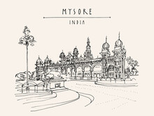 Mysore, Karnataka, India. Mysore Palace. Vintage Hand Drawn Postcard