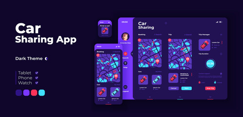 Canvas Print - Car sharing app screen vector adaptive design template. Automobile for renting. Carpooling application night mode interface with flat characters. Smartphone, tablet, smart watch cartoon UI