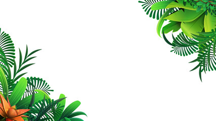 Wall Mural - A frame of tropical leaves around a white empty space. Elegant backdrop decorated with foliage of exotic jungle plants. Natural frame or border. Vector illustration.