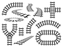 Railroad Elements. Curved, Straight And Wavy Rail Tracks. Railway Rails In Perspective And Top View, Steel Bars Road Construction Vector Set