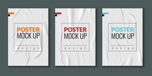 Wrinkled wet posters. Realistic wet creased paper sheets with text. Advertising column glued leaflet vector mockups set