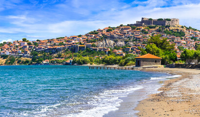 Wall Mural - Lesvos (lesbos) island . Greece. Beautiful old town Molyvos (Mithymna) with castle over the rock and  beach