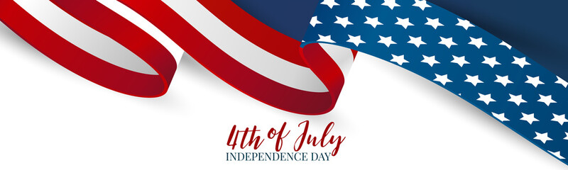 July 4th banner or header background. United States of America national flag and ribbon with stars and stripes. USA independence day celebration. Realistic vector illustration.