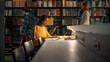 © Gorodenkoff - University Library: Gifted Black Girl uses Laptop, Writes Notes for the Paper, Essay, Study for Class Assignment. Students Learning, Studying for Exams College. Side View Portrait with Bookshelves