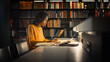 © Gorodenkoff - University Library: Gifted Black Girl uses Laptop, Writes Notes for the Paper, Essay, Study for Class Assignment. Students Learning, Studying for Exams College. Side View Portrait with Bookshelves
