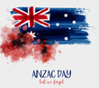 Anzac Day background with grunge watercolor Australia flag and two red poppy flowers. Remembrance symbol. Lest we forget.