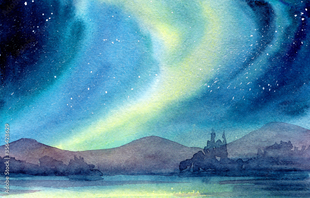 Watercolor landscape of a starry night sky with stars and northern ...
